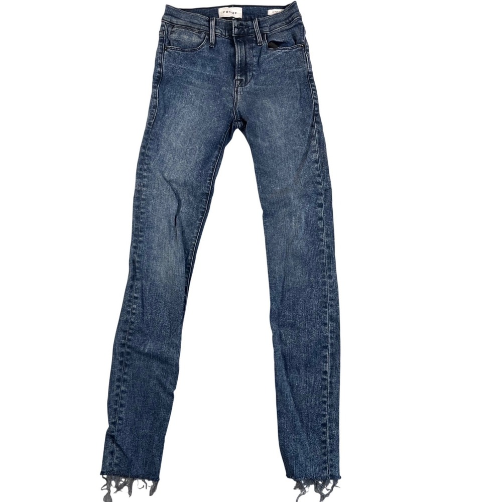 FRAME Le High Skinny Jeans Womens 24 Blue Wash Raw Hem High Rise